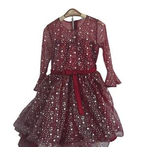 Girls Burgundy Star Glitter Tulle Dress ✨ Celestial Holiday Party Princess Dress